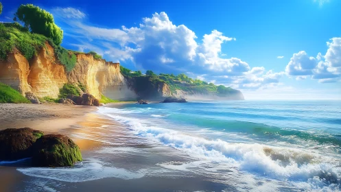 Golden seaside cliffs welcome gentle waves under bright skies