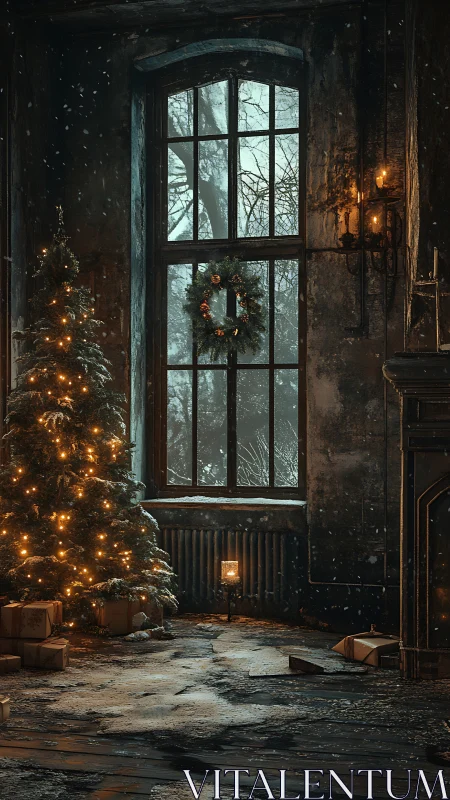Snowlit Christmas interior contrasts decay and warm candlelight