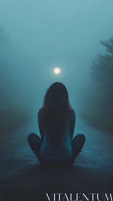 Solitary dreamer gazes into moonlit fog on a quiet road.