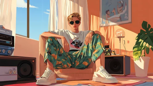 Cool young man lounging in sunny retro living room.
