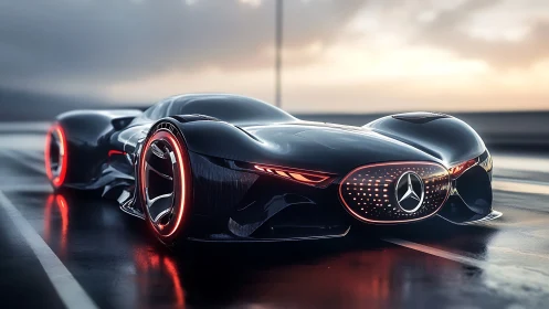 Futuristic Mercedes concept car glows with neon edge lighting.