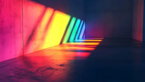 Vivid Rainbow Light Casting Across Minimalist Concrete Room.