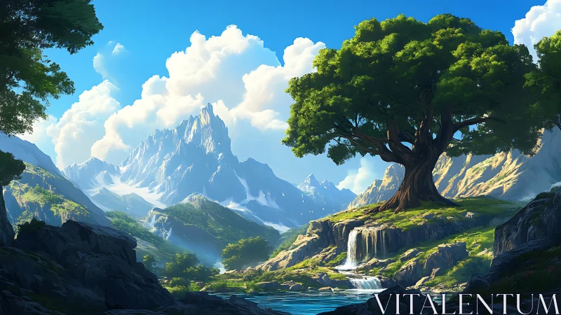 Ancient tree crowns a sunlit valley beneath soaring peaks.