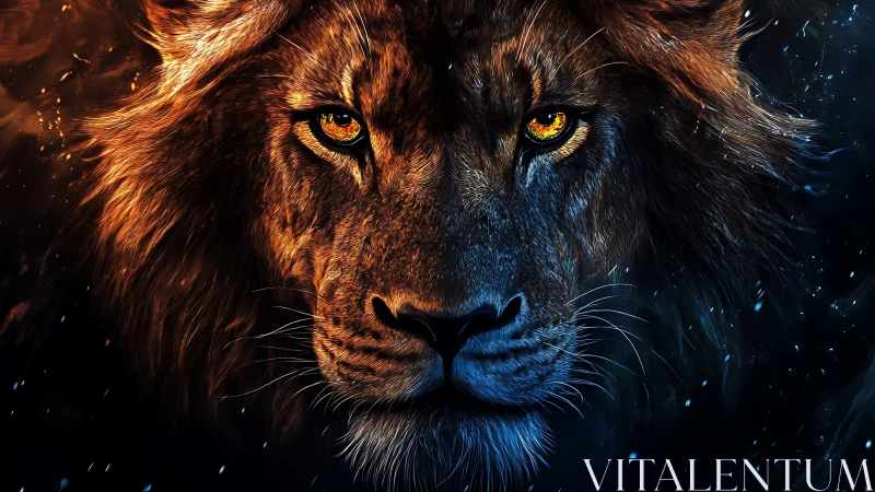 Digitally rendered lion portrait with contrasting lighting.