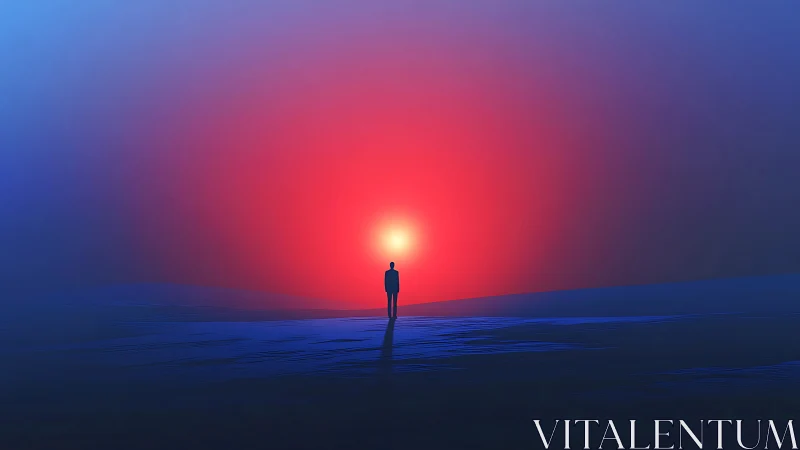 Solitary figure against neon horizon at surreal sunrise.