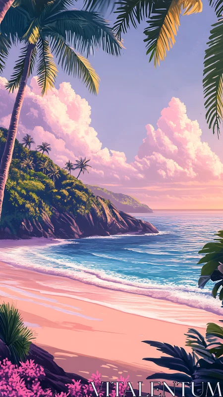 Tropical Sunset Beach Paradise Digital Illustration
