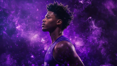 Purple-lit basketball player stands amid swirling cosmic smoke.
