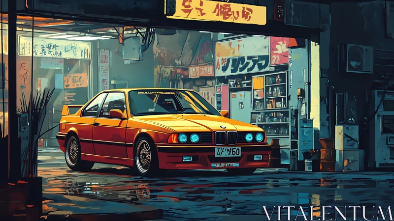 Neon alley pit stop for a retro tuner blazing in amber glow.