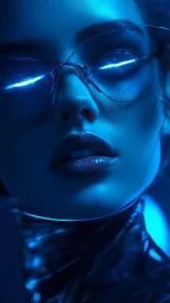 Neon lit woman in reflective glasses and metallic collar.
