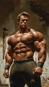 Hyper-muscular male figure stands against distressed wall