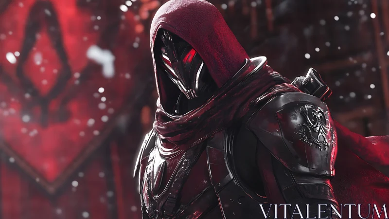 3D crimson-cloaked cyber knight in reflective armor profile.
