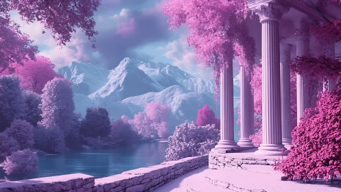 Classical colonnade beside river in pink alpine landscape.