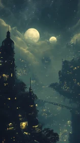 Dual-moon nocturnal cityscape with atmospheric depth and luminous haze
