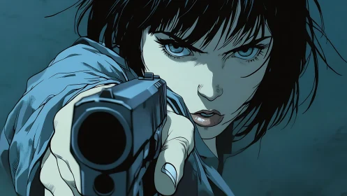 Intense gunwoman close‑up in stylized blue noir frame.