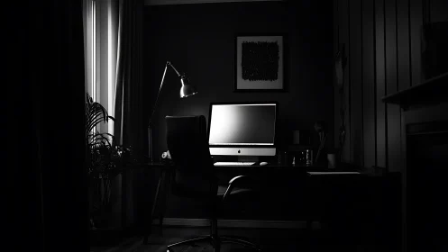 Midnight monitor glow in a shadow-drenched minimalist studio.