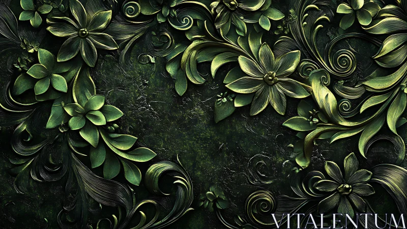 Ornate emerald floral relief with metallic baroque foliage