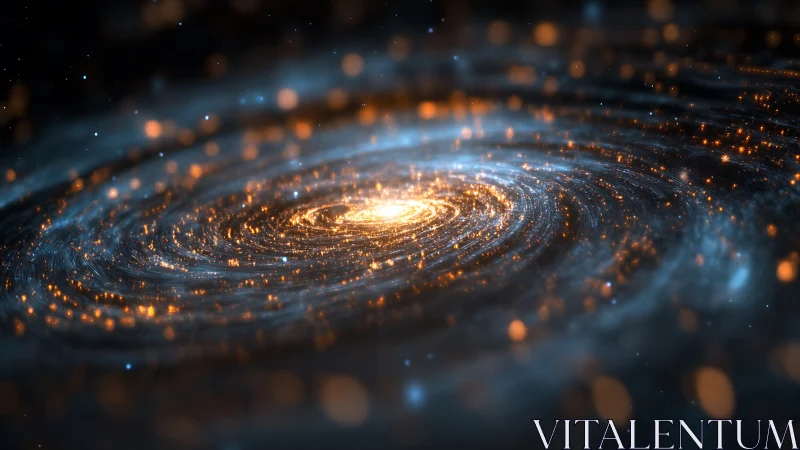 Spiral galaxy core glows with swirling golden starlight.
