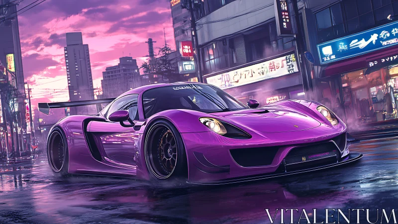Neon dusk hypercar hunts reflections in cyber city rain.