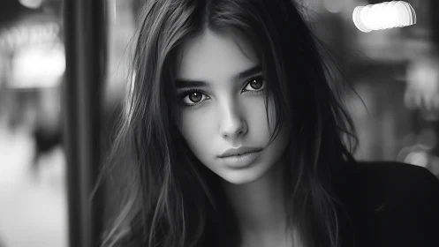 Monochrome portrait with shallow depth and bokeh highlights.