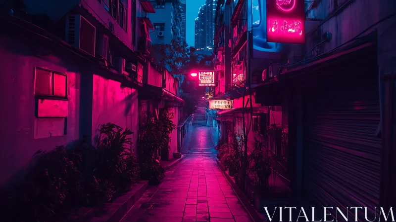Neon-soaked alleyway hums softly under midnight magenta rain