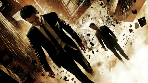 Suits suspended in shattering urban void of golden haze.