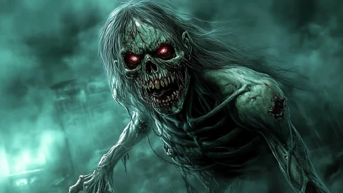 Skeletal humanoid entity advances through dense green mist