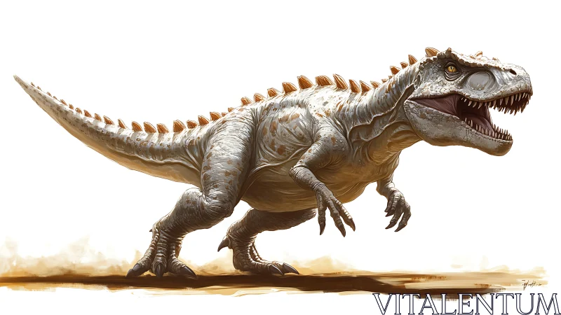 Theropod dinosaur side view in motion on pale ground plane.