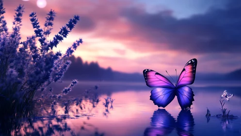 Bioluminescent butterfly rests on twilight lakeshore water