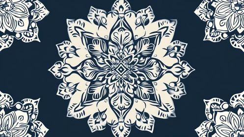 Elegant floral mandala blooms in soft cream and blue.