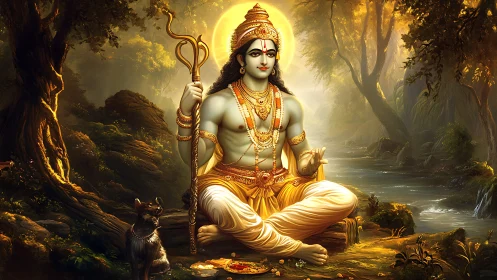 Divine ascetic figure meditates beside luminous forest river