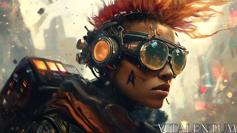 Neon storm rider stalks the hazy cyberpunk streets of dawn