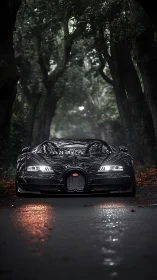 Glossy black supercar glides through a moody forest road