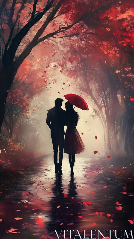 Silhouetted Couple with Red Umbrella in Autumn Forest Path