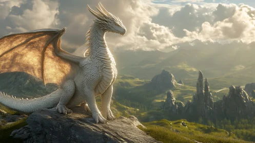 White dragon rendered on rocky cliff above distant valley