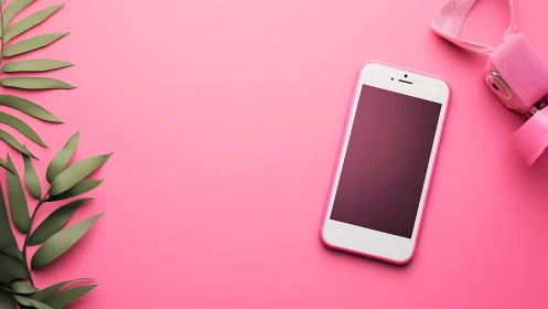 White smartphone and pink headphones on bright pink background with plant foliage