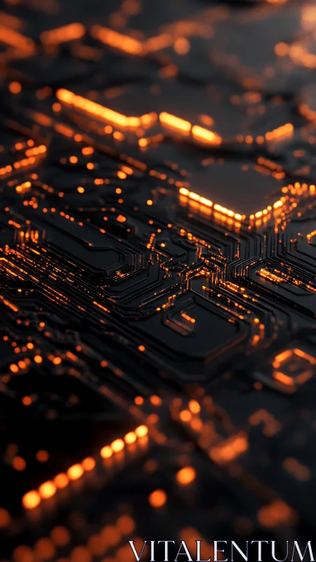 Circuit board closeup with glowing orange data paths.