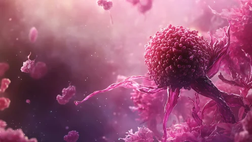 Microscopic pink cell cluster under ethereal volumetric light.