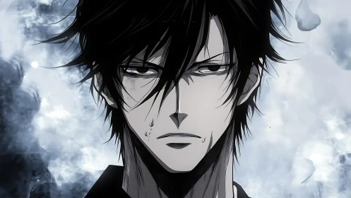 Brooding anime antihero under cold stormy sky.