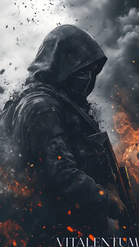 Hooded ember sentinel stalks through smoky war-torn dusk.