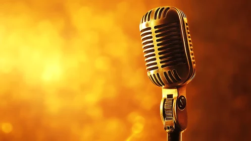 Vintage gold microphone against glowing bokeh stage