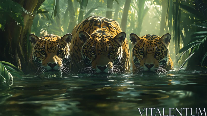 Three Jaguars Wading Through Jungle Stream.