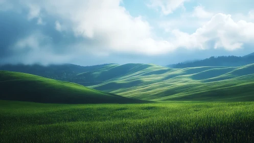 Sunlit waves of emerald hills under roaming stormlight.