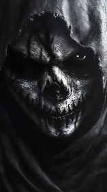 Digital painting of hooded skeletal wraith in high-contrast chiaroscuro.
