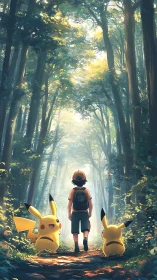 Forest path scene shows boy and two creatures walking away