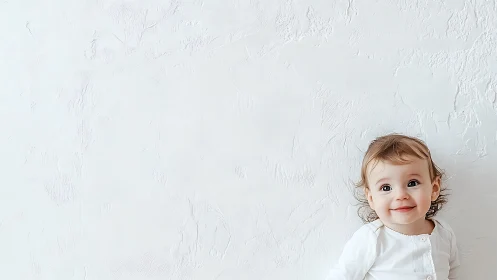 Toddler in white shirt posed against textured white wall.