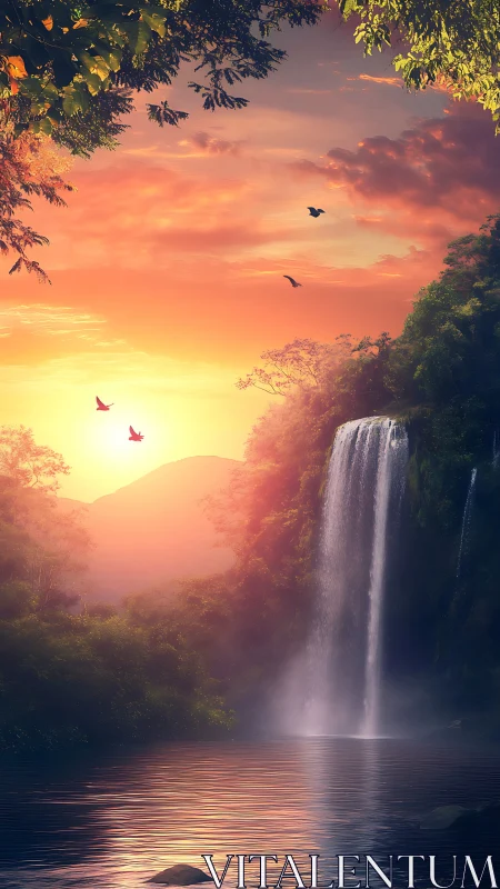 Sunrise waterfall hush where mist, birds and dreams meet.
