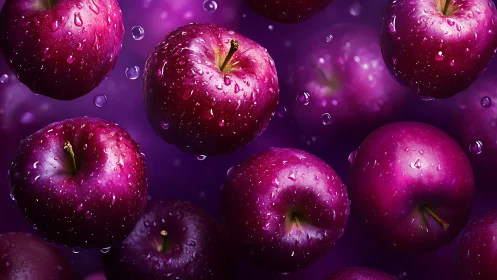 Plum-purple apples drifting through dreamy droplets.