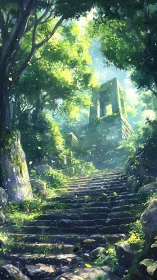 Luminous forest stairway to moss-clad stone ruin.