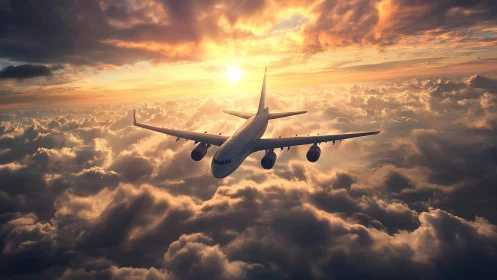 Sunset flight drifting through glowing cotton skies.