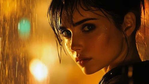 Rainlit gaze in molten city glow, carved from stormlight.